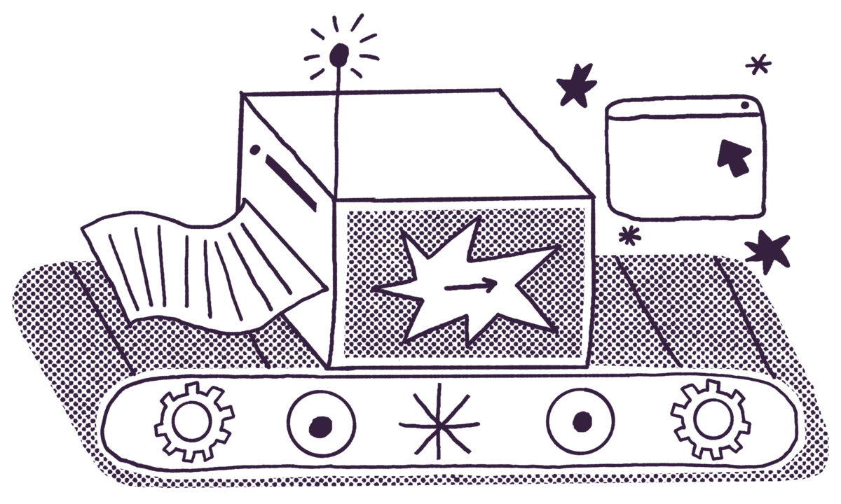 An illustration of a machine building a website